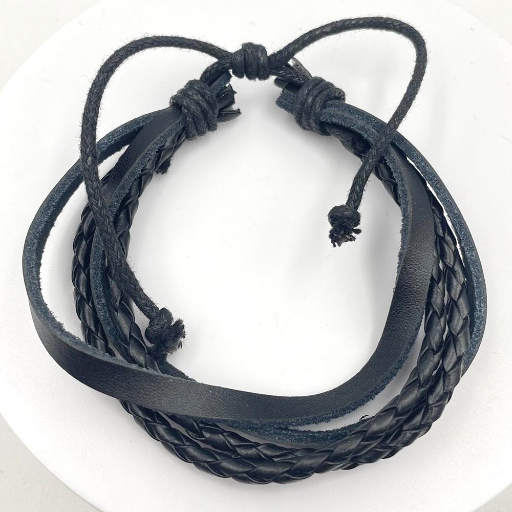 Vintage Y2K Black Multi Layer Faux Leather Wrap Bracelet Braided Cord Jewelry